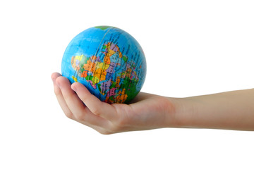Her child's hand is holding the world. Hand help world