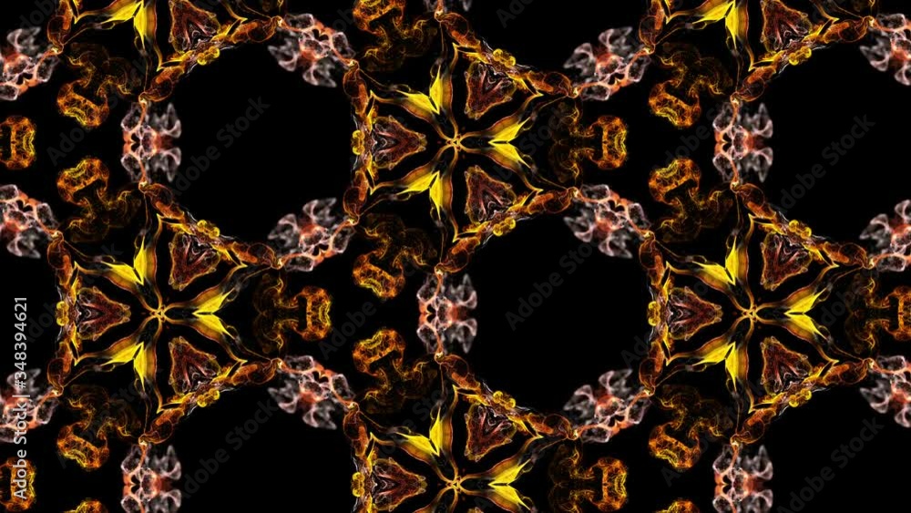 Aufkleber ink kaleidoscopic effect of glow red yellow particles on black background with luma matte as alpha c