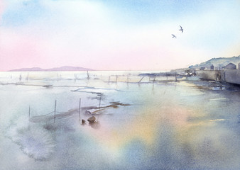 干潟　水彩画