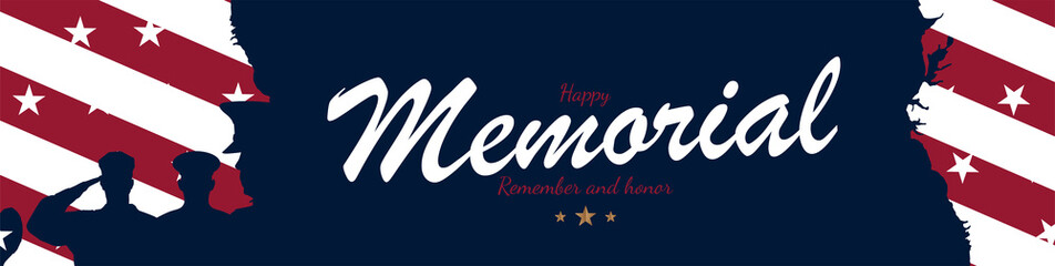 Obraz premium Happy Memorial Day. Long Banner with USA flag and silhouette soldiers on blue background. National American holiday event. Flat vector illustration EPS10
