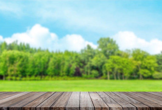 Wooden table with Blurry image of green grass meadow field and green trees with white clouds and blue sky in summer seasonal.