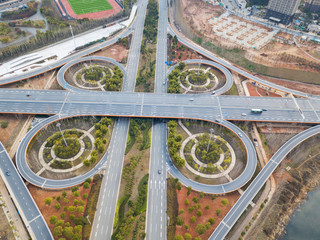 Transport junction traffic road with vehicle movement aerial view by drone