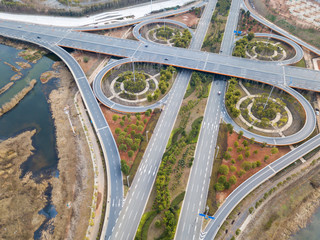 Transport junction traffic road with vehicle movement aerial view by drone