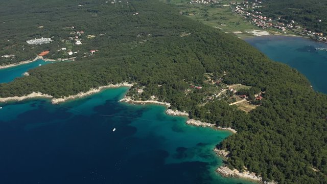 Beautiful Turquoise Coves and Seashore with amazing Beaches, Island of Rab in Croatia - Aerial Panoramic View