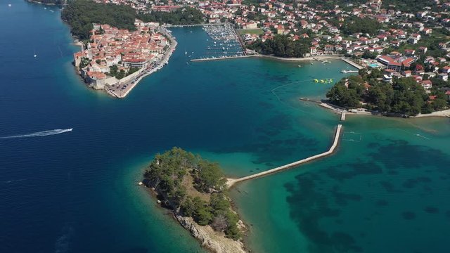 Beautiful Medieval Dalmatian old Town Rab in Island of Rab, Croatia - Aerial Panoramic View