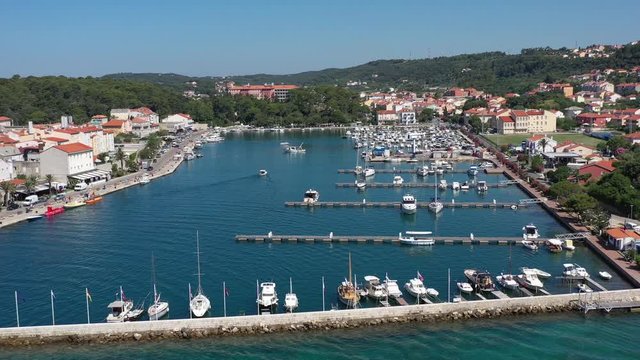 Boat Marina in Beautiful Medieval Dalmatian old Town Rab in Island of Rab, Croatia - Aerial Panoramic View