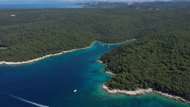 Beautiful Turquoise Coves and Seashore with amazing Beaches, anchored Sailboats, Island of Rab in Croatia - Aerial Panoramic View