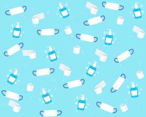 Covid-19 essentials repeating pattern of objects relating to coronavirus