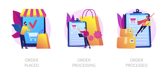 Mobile shopping app, modern online technology, internet customer service icons set. Order placed, order processing, order processed metaphors. Vector isolated concept metaphor illustrations