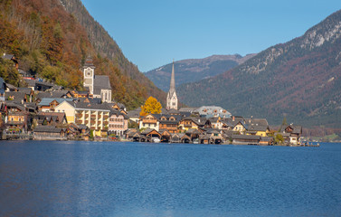 Famous Hallstatt Village In Austria. Hallstatt Is A Village On Lake Hallstatt's Western Shore In Austria's Mountainous Salzkammergut Region