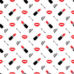 Lipstick seamless pattern, hand drawn fashion and beauty elements, vector illustration