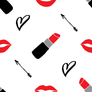 Lipstick seamless pattern, hand drawn fashion and beauty elements, vector illustration