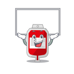 Caricature character of blood plastic bag succeed lift up a board