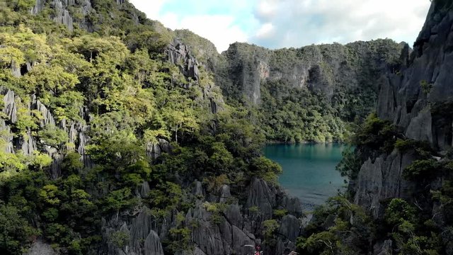 Aerial view of turquoise tropical lagoon with Karst limestone cliffs in Coron Island, Palawan, Philippines. UNESCO World Heritage Tentative List, Baracuda Lake