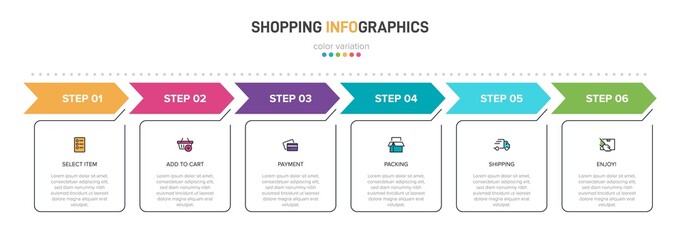 Concept of shopping process with 6 successive steps. Six colorful graphic elements. Timeline design for brochure, presentation, web site. Infographic design layout.