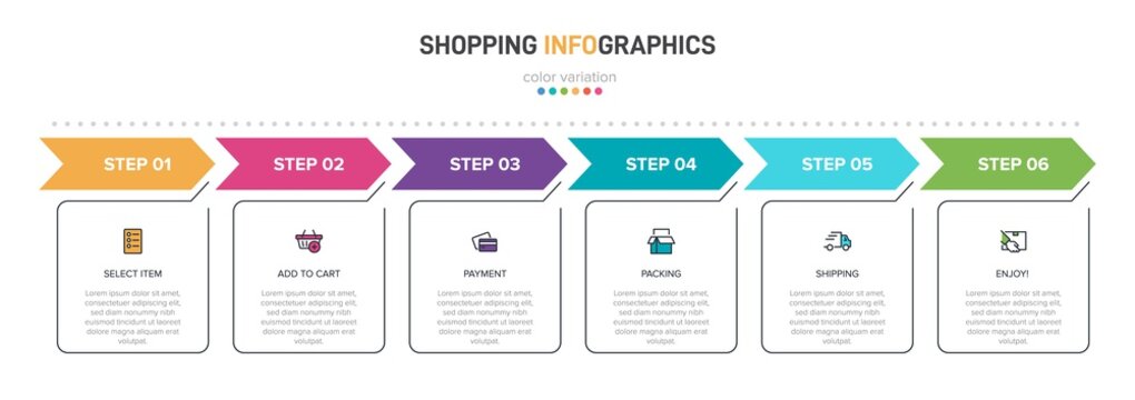 Concept of shopping process with 6 successive steps. Six colorful graphic elements. Timeline design for brochure, presentation, web site. Infographic design layout.