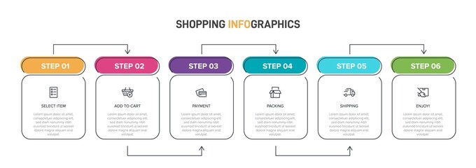 Concept of shopping process with 6 successive steps. Six colorful graphic elements. Timeline design for brochure, presentation, web site. Infographic design layout.