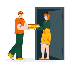 Delivery man providing pizza to client, cartoon vector illustration isolated.