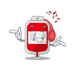 Blood plastic bag Cartoon design concept listening music on headphone