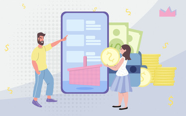 Online shopping mobile app for internet buy vector illustration concept. Man and woman on the background of a mobile phone pay for purchases through the basket of a mobile application