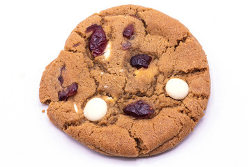 Close up White Chocolate and cranberry cookie isolate on white background.