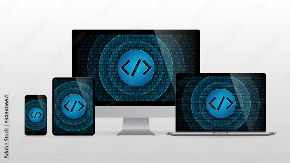 Poster computer devices for programming development. realistic set monitors desktop laptop tablet and phone
