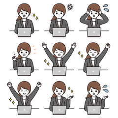 ビジネスウーマン パソコン 表情 イラスト セット