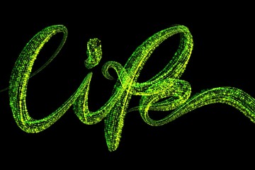 Bright green handwritten word LIFE made by circle particles and isolated on black background