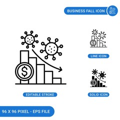 Business fall icons set vector illustration with solid icon line style. Coronavirus impact concept. Editable stroke icon on isolated background for web design, infographic and UI mobile app.