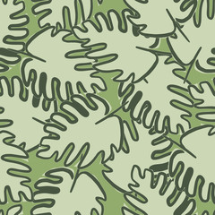 Outline monstera leaf seamless pattern on green background. Tropical leaves vector illustration. Exotic jungle wallpaper.