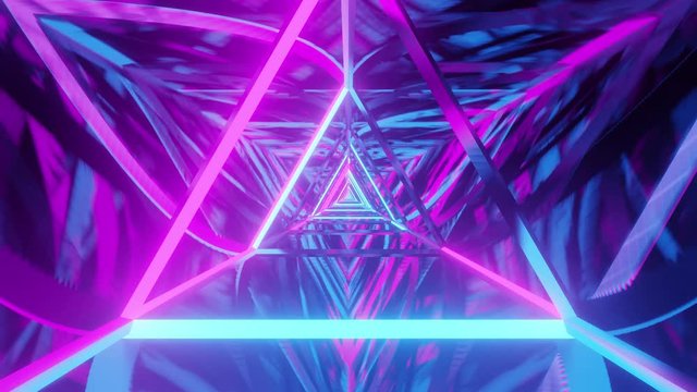 Sci fi motion graphics: asymmetrical blue and pink rhombus and triangle tunnel
