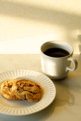 cups of coffees on white marble table in morning light