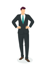 Standing business man in modern style vector illustration, person simple flat shadow isolated on white background.