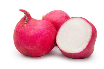 Fresh pink radish on a white background.