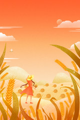 The girl looks out into the distance in the harvest wheat field.Mangrove vertical  illustration