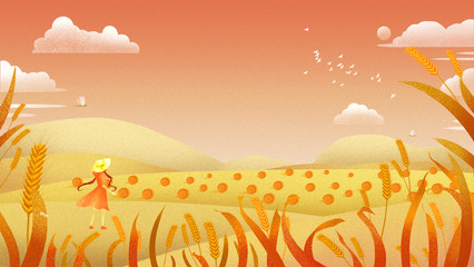 The girl looks out into the distance in the harvest wheat field.Mangrove Horizontal   illustration