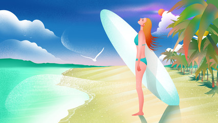 The girl is bathing in the sunshine by the sea with her surfboard in her arms.
