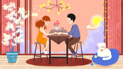 Men and women eating. Valentine's day illustration