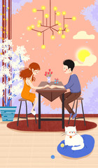 Men and women eating. Valentine's day illustration