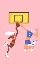 Two girls playing basketball. Sports illustration