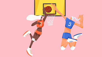 Two girls playing basketball. Sports illustration