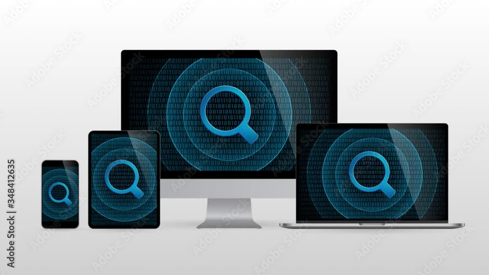 Poster computer devices with search tool. realistic set monitors desktop laptop tablet and phone with magni