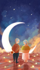 Elderly couple walking under the moon sky. Warm hand drawn illustration