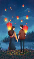 A couple of couples praying for the blessings with a Kongming lantern at night on the outskirts. Hand drawn illustration