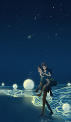 Under the stars, the boy carrying the girl walks on the beach