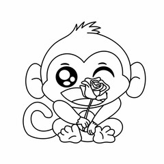 Coloring of Monkey Opens his Mouth While Holding a Rose Cartoon, Cute Funny Character, Flat Design