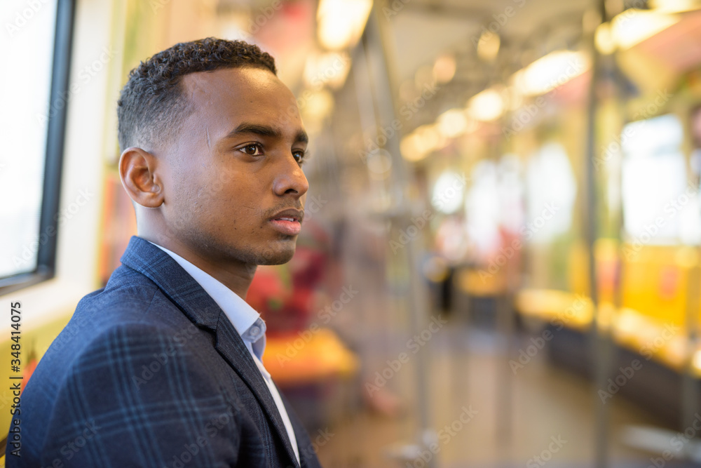 Wall mural Face of young handsome African businessman thinking while sitting inside the train