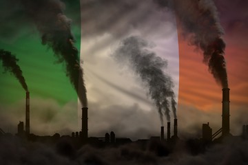 Fototapeta na wymiar Dark pollution, fight against climate change concept - industry pipes dense smoke on Ireland flag background - industrial 3D illustration