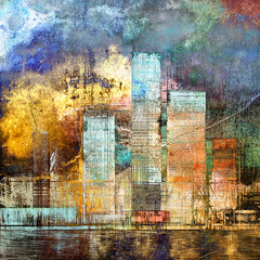 Abstract painting of urban skyscrapers. Digital art painting