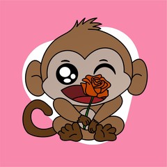 Illustration of Monkey Opens his Mouth While Holding a Rose Cartoon, Cute Funny Character, Flat Design
